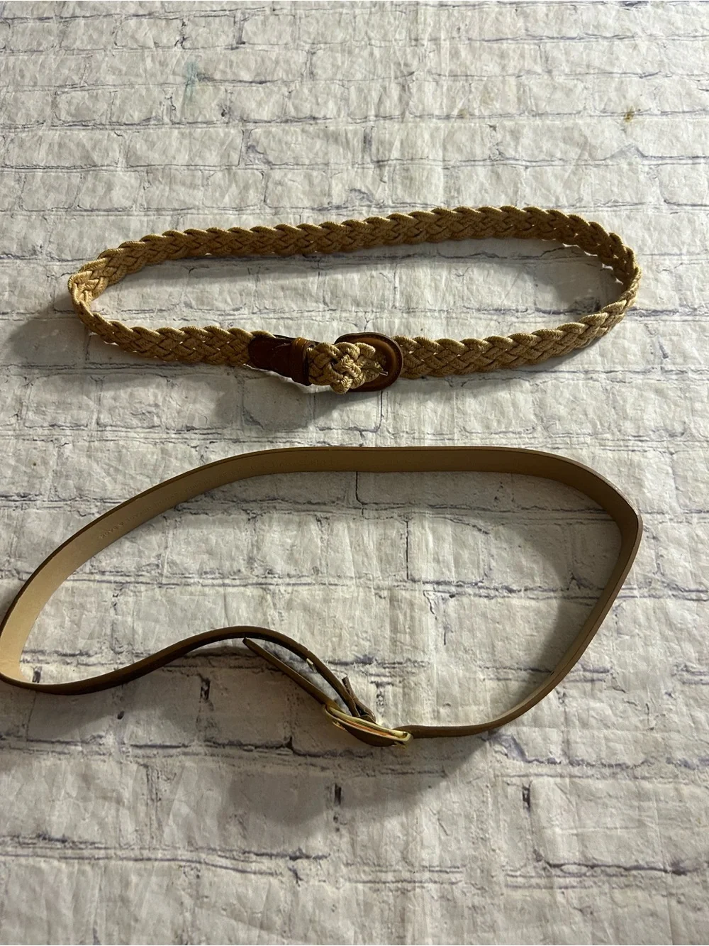 NINE WEST METALLIC COPPER BRONZE VEGAN & VTG BROWN WITH NATURAL WOVEN BELTS